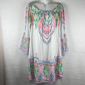 Lilly Pulitzer White/Pink/Blue Bell Sleeve Off Shoulder Boho Shift Dress Large